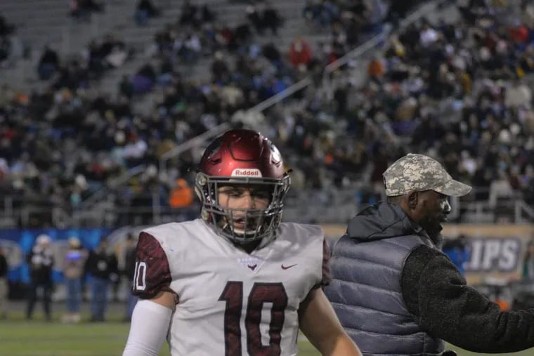 Senior linebacker Liam Johnson of St. Joseph's Prep with five sacks in the Hawks' 35-13 win over Central Dauphin in the PIAA Class 6A state title game Saturday night in Hershey.