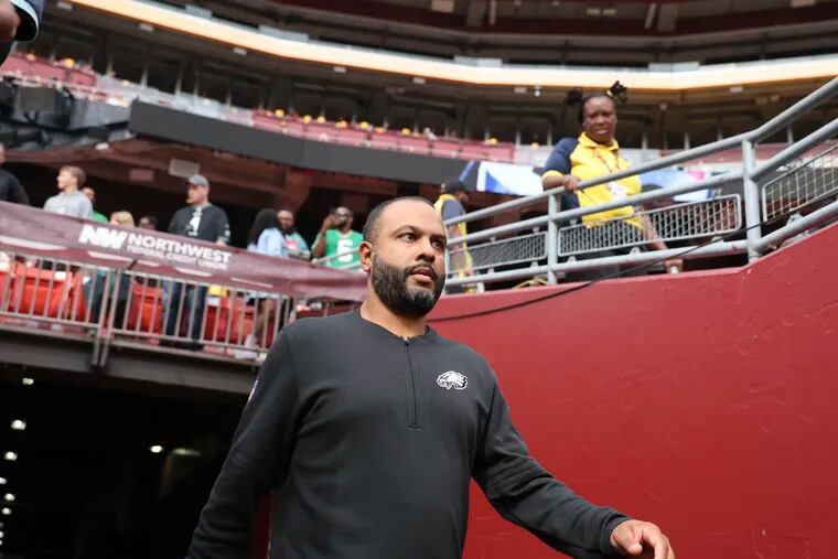 Eagles defensive coordinator Sean Desai before the game against the Washington Commanders at FedEx Field on Sunday, Oct. 29, 2023, in Washington, DC.