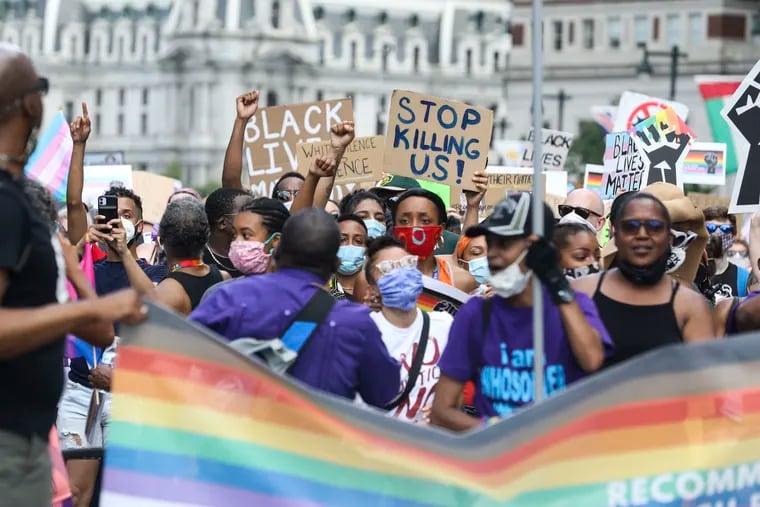 Black Lives Matter protesters in Philadelphia march from LOVE Park to the Art Museum on June 21, 2020.