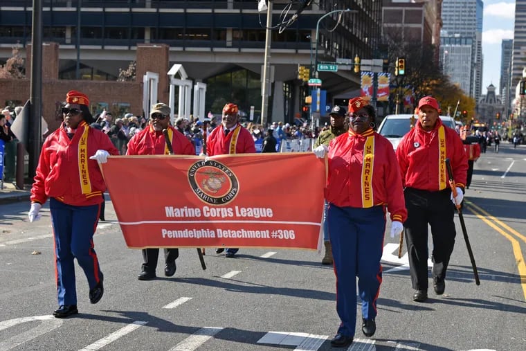 Members of the Marine Corps league march in the Philadelphia Veterans Parade last week.