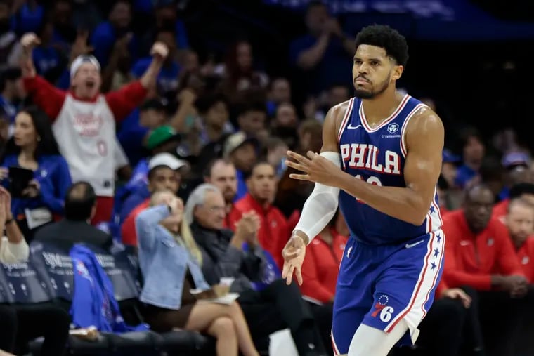 Sixers Tobias Harris signals his made three point shot in the third quarter of the Portland Trail Blazers at Philadelphia 76ers NBA game at the Wells Fargo Center in Philadelphia on Sunday, Oct. 29, 2023.