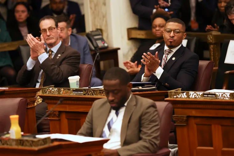 Councilmember  Nicolas O’Rourke next to Councilmember Jim Harrity, left, in City Council chambers in Philadelphia, Pa. on Thursday, March 14, 2024. Council on Thursday passed legislation approving millions of dollars in new spending requested by Mayor Cherelle Parker's administration.