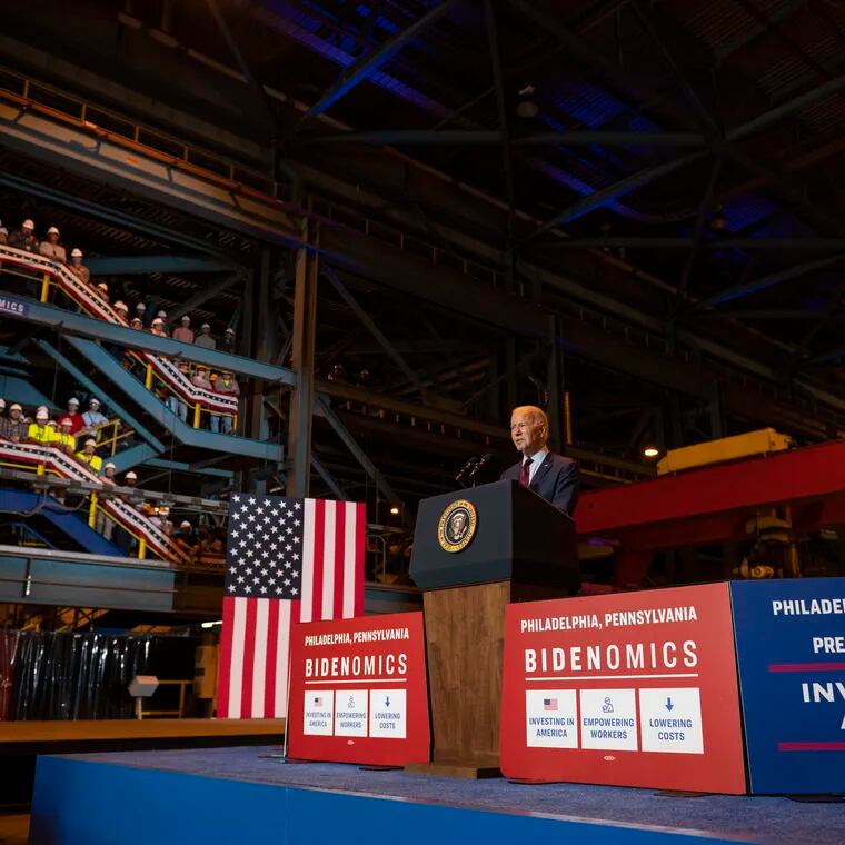 President Joe Biden touted his group of economics policies called "Bidenomics" at the Philly Shipyard on July 20.