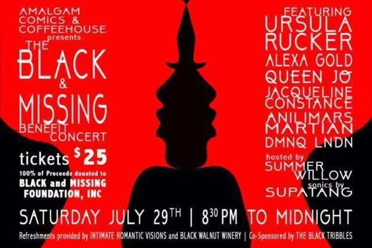 Poster for the “Black and Missing” event to be held Saturday, July 29 at Amalgam Comics.
