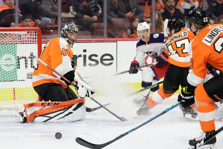 Anthony Stolarz made 26 saves in the Flyers' 4-3 overtime loss to the Columbus Blue Jackets Thursday night.