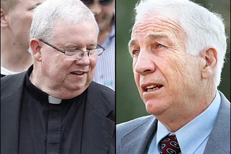 William J. Lynn (left) was convicted Friday of one count of child endangerment in the Philadelphia priest child-sex abuse trial. Former PSU assistant football coach Jerry Sandusky (right) was convicted of 45 counts of sexual assault on children and related charges. (File photos)
