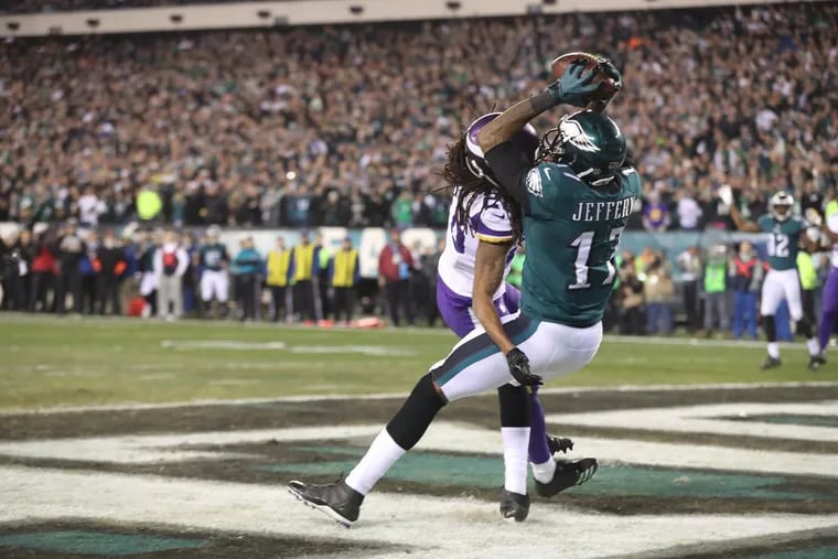 Eagles receiver Alshon Jeffery scores a fourth quarter touchdown during the NFC championship game between the Eagles and the Vikings on Sunday.