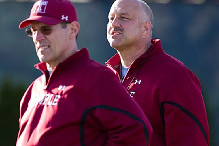 Temple head coach Steve Addazio will be joined by new quarterbacks coach Kevin Rogers this year. (David M Warren/Staff file photo)