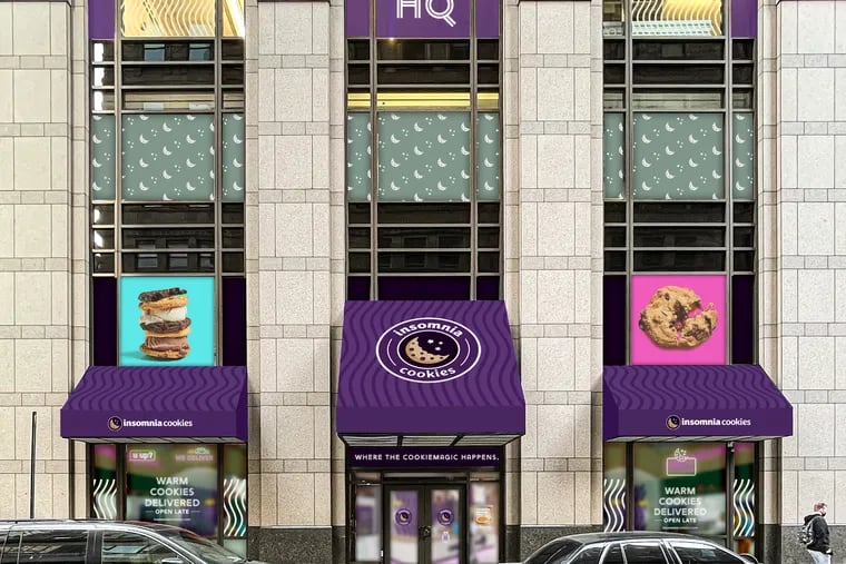 A rendering of Insomnia Cookies' new HQ at 1 S. Broad St., the former home of a Walgreens.
