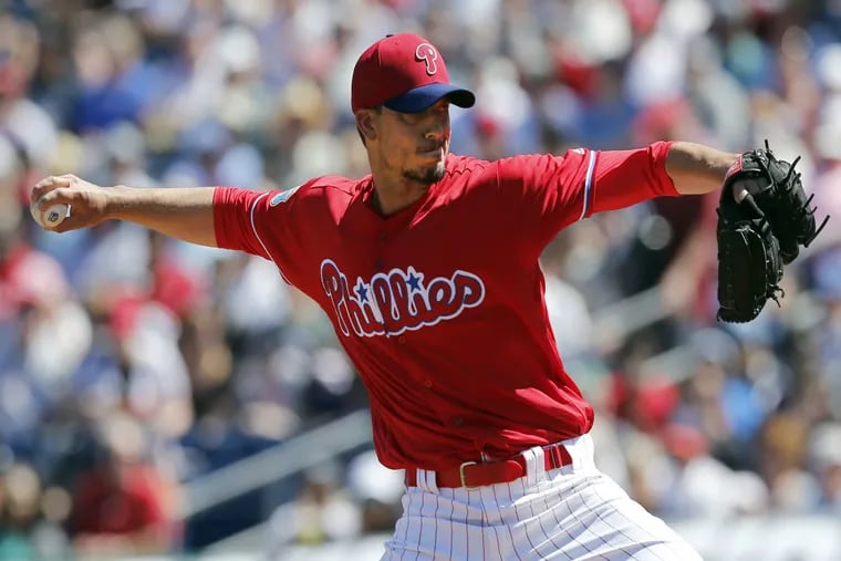 Phillies' pitcher Charlie Morton throws the baseball during the first-inning single against the New York Yankees in a spring training game on Sunday, March 6, 2016 in Clearwater, Florida.