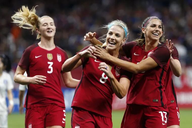 Julie Ertz (center) and Alex Morgan (right) scored in the United States women’s national soccer team’s 3-1 win over South Korea in New Orleans.