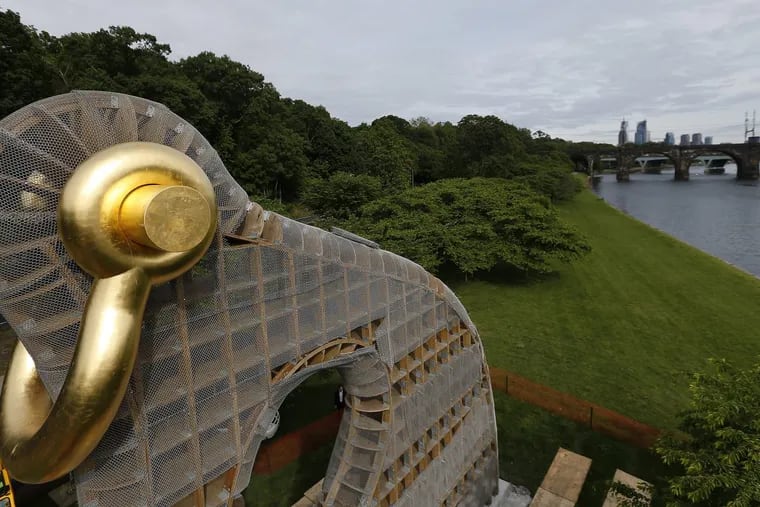 A view from Mariano Brothers Inc. lift show the installation is almost complete on sculptor Martin Puryear's 40-foot-tall &quot;Big Bling&quot; along Kelly Drive in Philadelphia, PA on May 24, 2017. DAVID MAIALETTI / Staff Photographer
