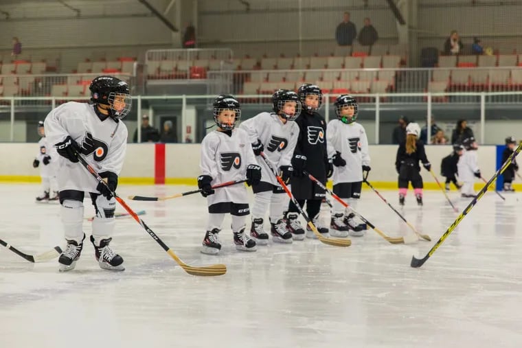 Children work on drills during a session at the Flyers rookie camp at the Bucks County Ice Sports Center. (Photo courtesy of the Flyers)