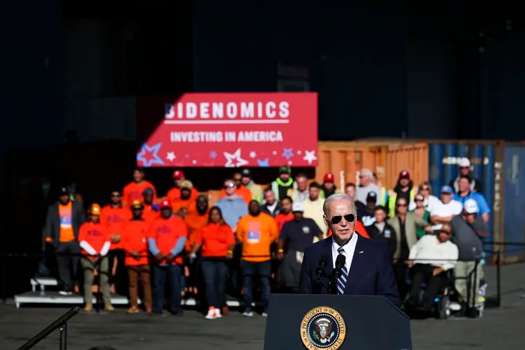 President Joe Biden speaks on Bidenomics at the Tioga Marine Terminal in Philadelphia in 2023.