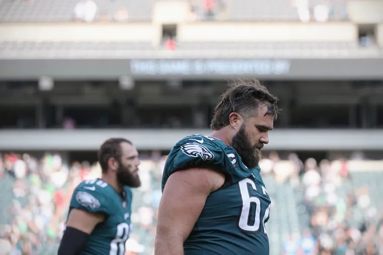 Eagles center Jason Kelce (62) walking off the field after a loss to the Lions.