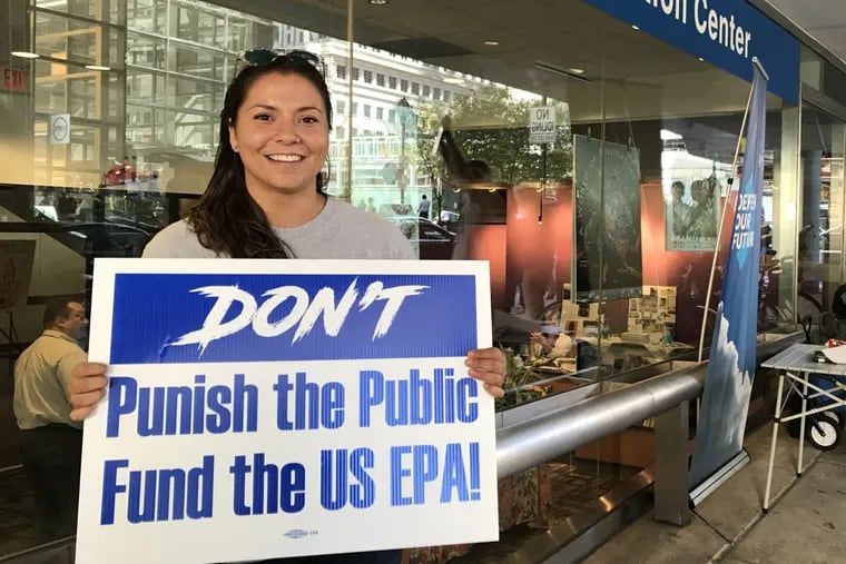 Rebecca Levitsky, 20, a Temple University junior, spoke at a rally of EPA employees, college students and activists outside the EPA Region 3 headquarters at 17th and Arch Streets in Philadelphia Sept. 28, 2017, to protest proposed budget cuts.