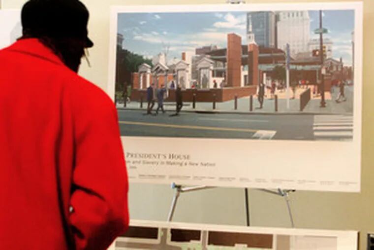 A visitor gazes at architect&#0039;s rendering of President&#0039;s House, home to George Washington and John Adams. The museum also will tell the story of Washington&#0039;s nine slaves who lived there at the time.