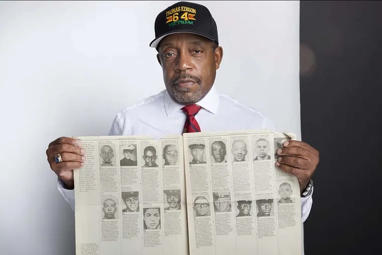 Darryrl Johnson is the historian for the Edison 64, the Edison High School students who died in Vietnam. He’s involved with an effort to get Lural Lee Blevins 3d the Medal of Honor. Johnson is shown here with a Philadelphia Daily News that featured the Edison 64.