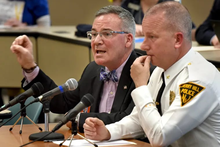 Joe Meloche (left) Superintendent of Cherry Hill Public Schools testifies with Cherry Hill Police Chief William Monaghan (right) before a joint hearing of the N.J. Senate and Assembly Committees on school security earlier this month.