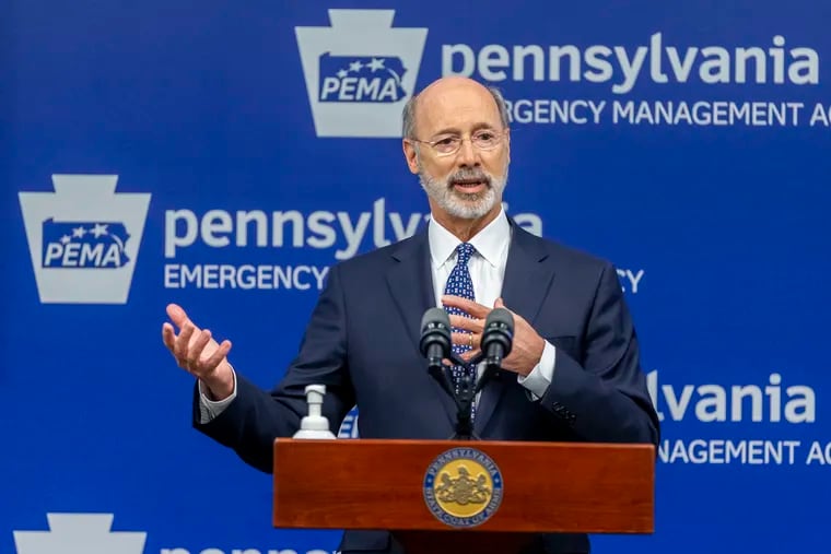 Gov. Tom Wolf at a May 2020 news conference in Harrisburg. Wolf has asked lawmakers to send him a bill that would legalize the recreational use of marijuana. On Election Day, Philadelphia voters will consider a ballot question calling upon Wolf and the General Assembly to do precisely that.