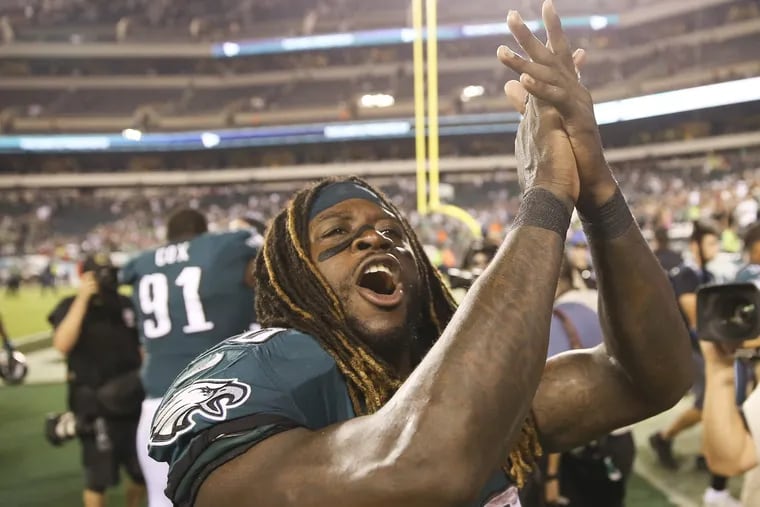Eagles running back Jay Ajayi claps after the Eagles beat the Atlanta Falcons 18-12 on Thursday, September 6, 2018. MICHAEAL BRYANT / Staff Photographer