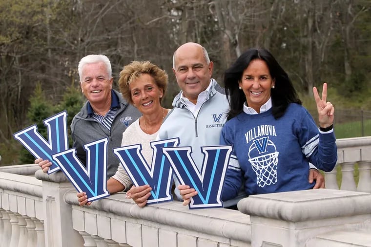 Patrick Higgins (left); his wife, Julianne Bigelli; and Jim and Patty Esposito met as Villanova students and have maintained a relationship with the school that has included sending their children there.