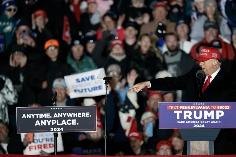 Former President Donald Trump claims he will debate President Joe Biden while delivering remarks at a rally in Schnecksville, Pa. on Saturday.