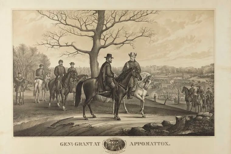 Gens. Ulysses S. Grant and Robert E. Lee in a lithograph from a drawing by Pvt. Edgar Klemroth of the Sixth Pennsylvania Cavalry. Lee is &quot;the same as usual, but older,&quot; John Gibbon wrote, &quot;and his face has a very sad expression. I did not see him smile once. . . .&quot;