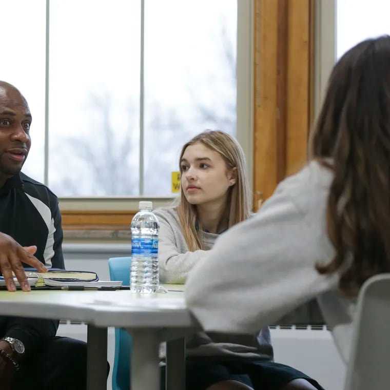 Troy Vincent, NFL Executive Vice President of Football Operations, speaks with Kaylee Cuddihy and other members of the "Flag Football United" initiative on Wednesday, Jan. 18, 2023, in Kenmore, N.Y.