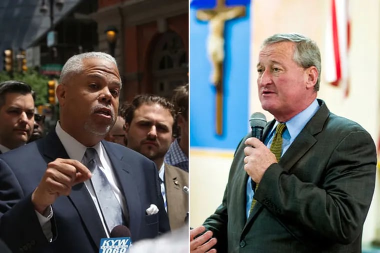State Sen. Anthony Hardy Williams (left) and James F. Kenney on the campaign trail. (Left: STEPHANIE AARONSON/Staff Photographer; right: JEFF FUSCO/For the Inquirer)
