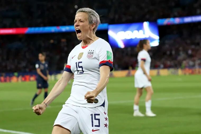 United States' Megan Rapinoe celebrates after scoring her side's second goal during the Women's World Cup quarterfinal soccer match between France and the United States at the Parc des Princes, in Paris, Friday, June 28, 2019.