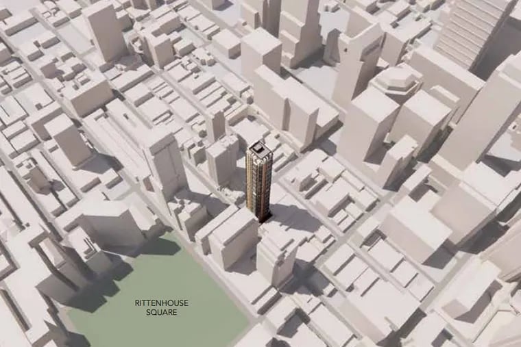 A rendering of the Pearl Properties skyscraper, from 2020, planned near Rittenhouse Square.