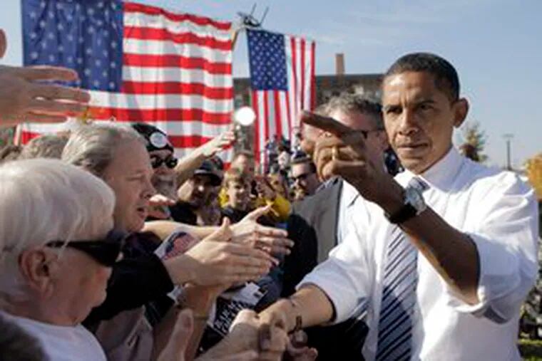 Barack Obama after a rally in Des Moines, Iowa. He was drawing large crowds as he increased his focus with ads in Georgia, North Dakota and Arizona, states that voted Republican in 2004.