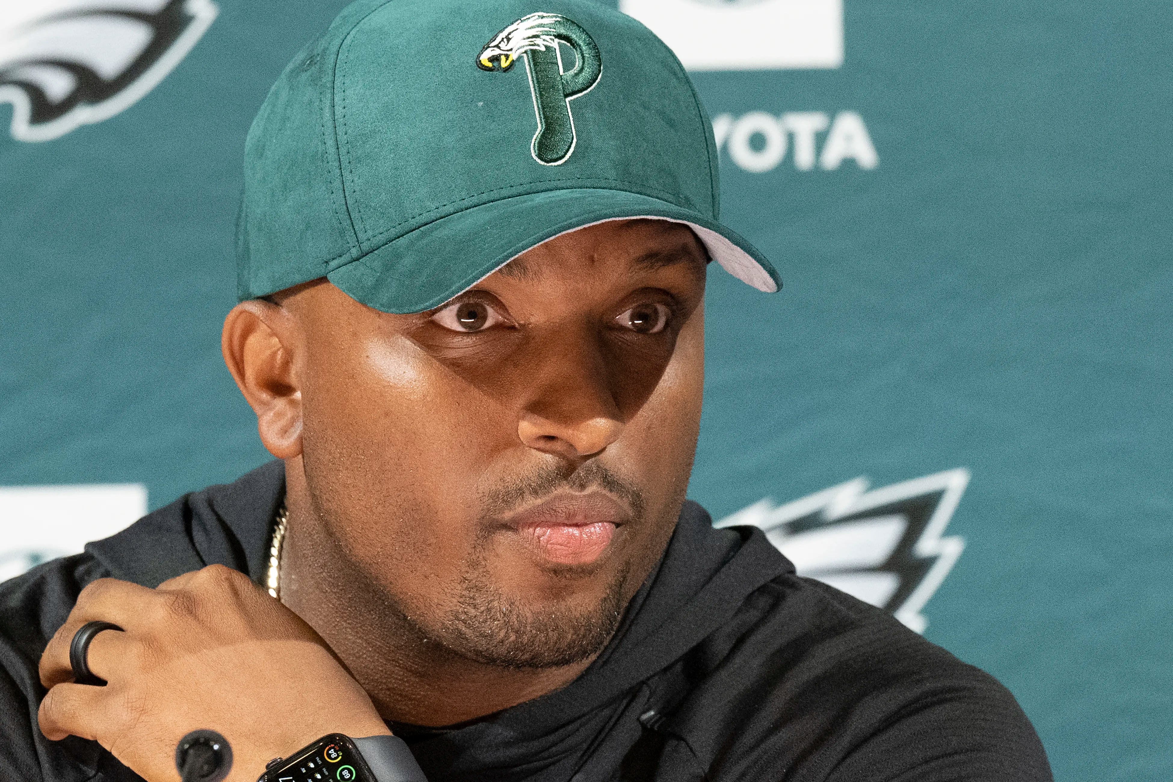 Eagles offensive coordinator Brian Johnson talks to the media on Tuesday, Sept. 12, 2023, during a press conference at the NovaCare Complex in Philadelphia, Pa.