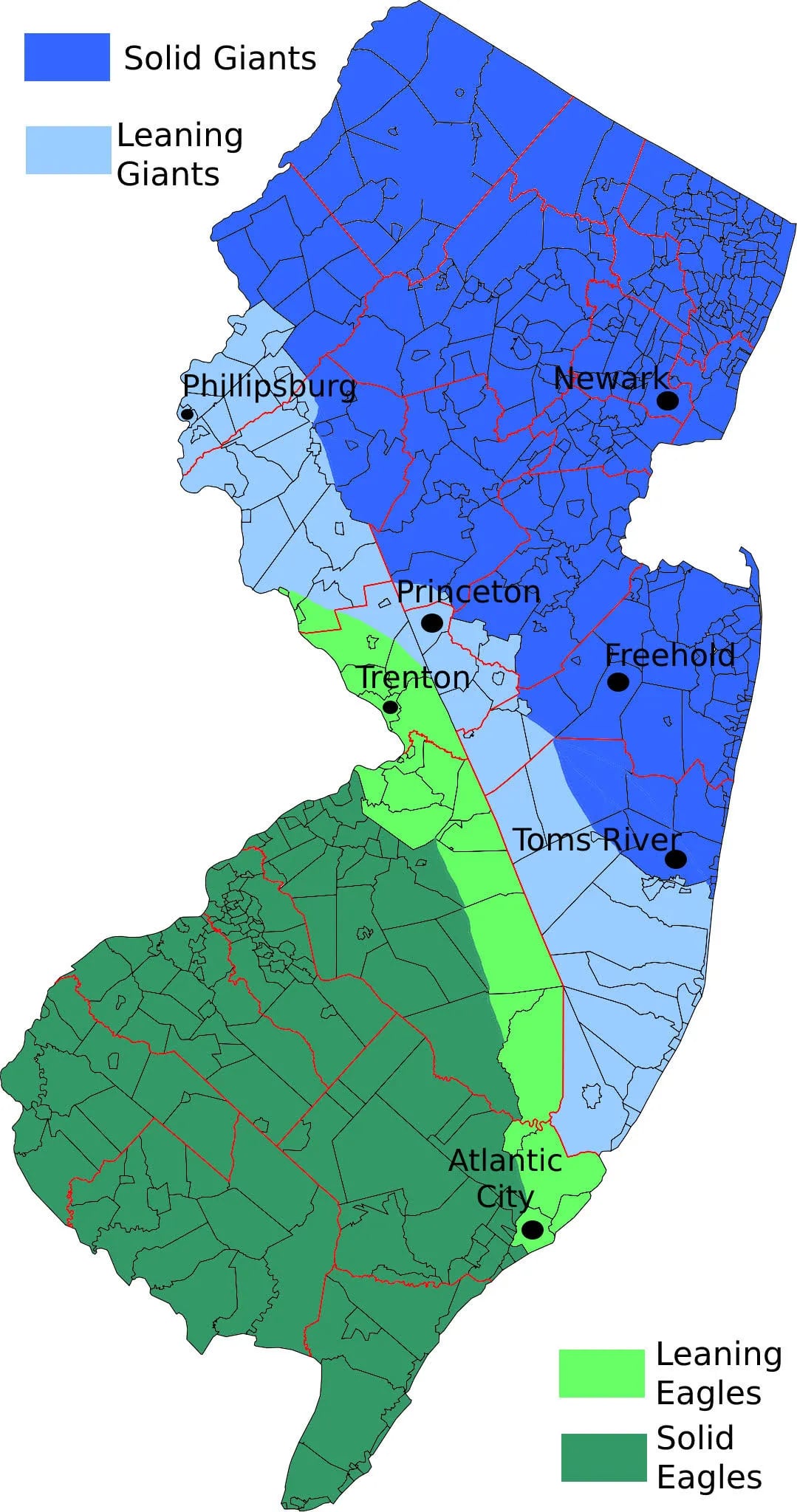 Bordentown, NJ is almost evenly split between Eagles and Giants