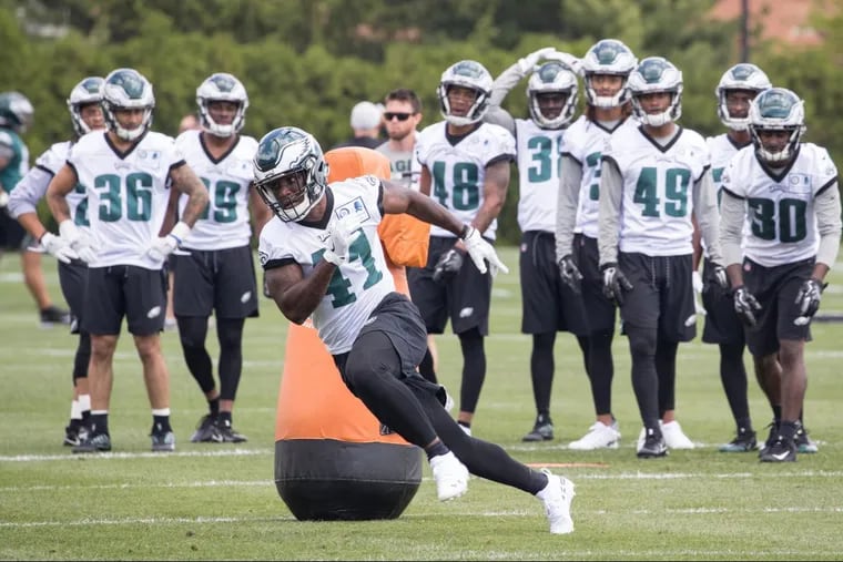 #41 Jeremy Reaves at Eagles rookie camp at the Eagles Novacare Complex, in South Philadelphia, Friday, May 11, 2018.