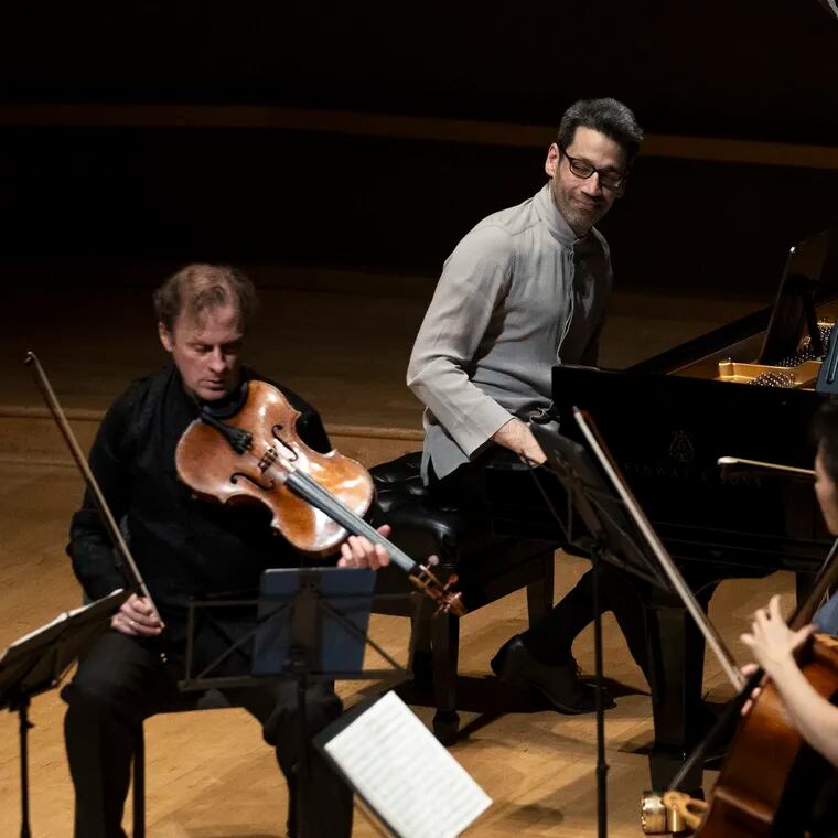 Pianist Jonathan Biss performing Schubert's "Quintet in A Major, D. 667," also known as the "Trout" Quintet, with double bassist Joseph Conyers and members of the Brentano String Quartet at the Perelman Theater on Sunday.
