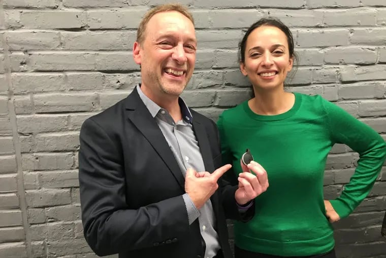 ROAR for Good's Anthony Gold (left) and Yasmine Mustafa celebrate the birth of their child – the clip on security alert fob Athena. It sends an instant text warning (via a wireless connection to your smartphone) that you're in need of assistance.