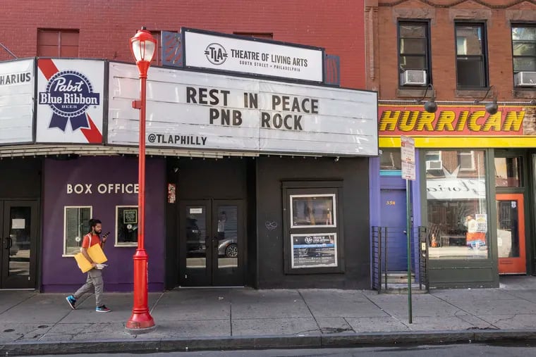Theater of Living Arts, TLA 300 block of South Street pays tribute to Philadelphia rapper,  Rakim Hasheem Allen “PnB Rock” was shot and killed in Los Angeles. The marquis reads, Rest In Peace PNB Rock. Photograph taken on Tuesday morning September 13, 2022.