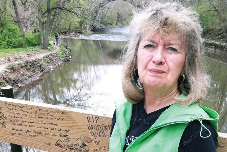 Elsie Stevens, president of the Holme Circle Civic Association, stands on the footbridge over Pennypack Creek where young people have dived from and drowned. She organized school assemblies to warn students about the creek's dangers. (DAN GERINGER phot...