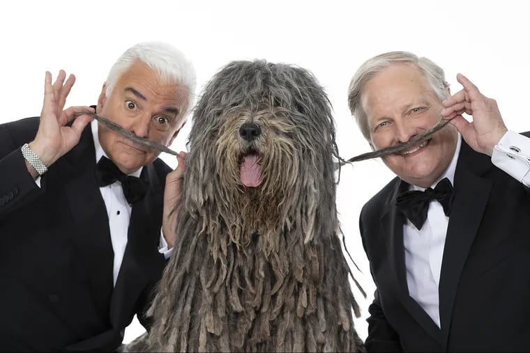 THE NATIONAL DOG SHOW PRESENTED BY PURINA — Pictured: (l-r) John O'Hurley, Bergamasco Shepherd, David Frei