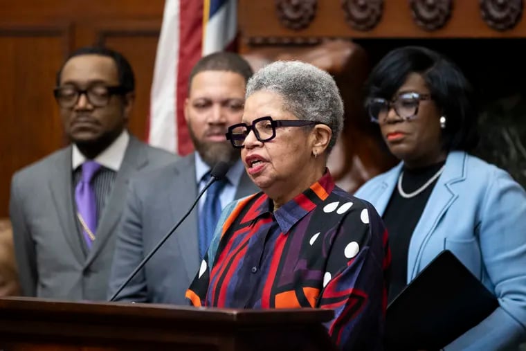 Joyce Wilkerson at a City Hall news conference in April. Her nomination to the school board sparked a dispute between City Council and Mayor Cherelle L. Parker (right).