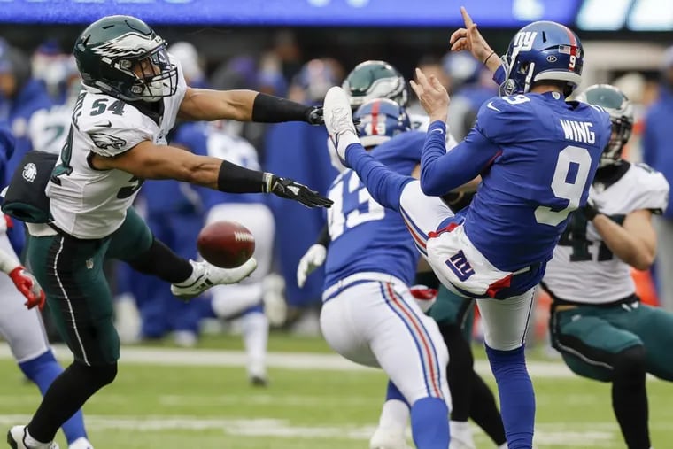Kamu Grugier-Hill delivered a big block of a punt during the Philadelphia Eagles’ win over the New York Giants.