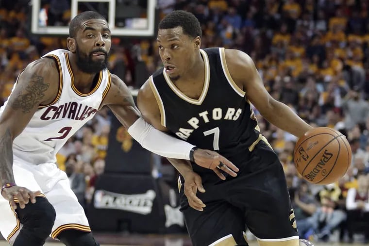 The Raptors&#039; Kyle Lowry (7) drives past Cleveland&#039;s Kyrie Irving (2) during Game 2 of a second-round NBA basketball playoff series on May 3.
