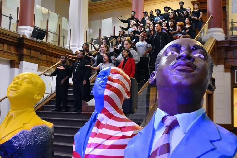 The CAPA Choir perform during the unveiling ceremony of nine sculptures depicting Dr. Martin Luther King at the Philadelphia High School for the Creative &amp; Performing Arts. More than 50 students of the Philadelphia’s young artist community commissioned to design the sculptures attend schools and organizations from across the region, including the Philadelphia High School for the Creative &amp; Performing Arts(CAPA),Art-Reach,Overbrook School for the Blind,Girard College,and Big Brother Big Sisters Independence Region. The sculptures will be displayed throughout the City until the end of February.   Thursday January 11,2018. Mark C Psoras/For the Inquirer