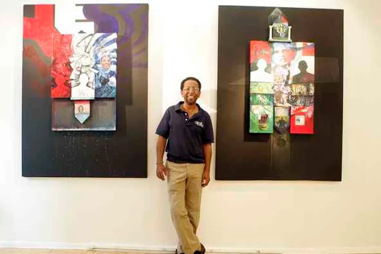 James Dupree in his Queen Village gallery with two of his works: &quot;Tears of Joy&quot; (left) and &quot;Fifty-nine Years of the Dream.&quot; The show - &quot;If Not Now, When?&quot; - celebrates the election of America's first black president. &quot;It's all of us now,&quot; Dupree says.