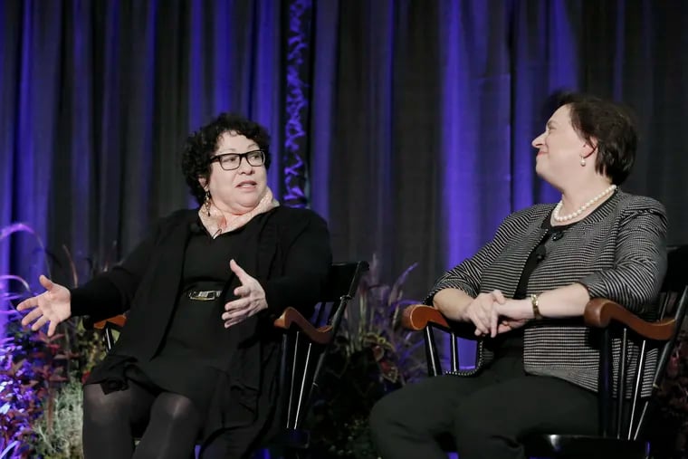Associate Justices of the U.S. Supreme Court Sonia Sotomayor (left) and Elena Kagan (right) speak to Princeton alumnae and members of the University community gathered for the She Roars conference at Priceton University's Jadwin Gymnasium on October 5, 2018.