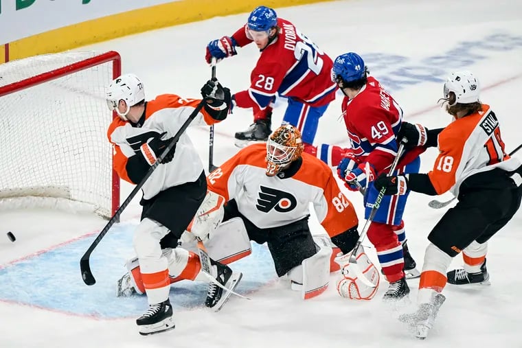 Philadelphia Flyers goaltender Ivan Fedotov (#82) allowed four goals after replacing Sam Ersson in the second period.