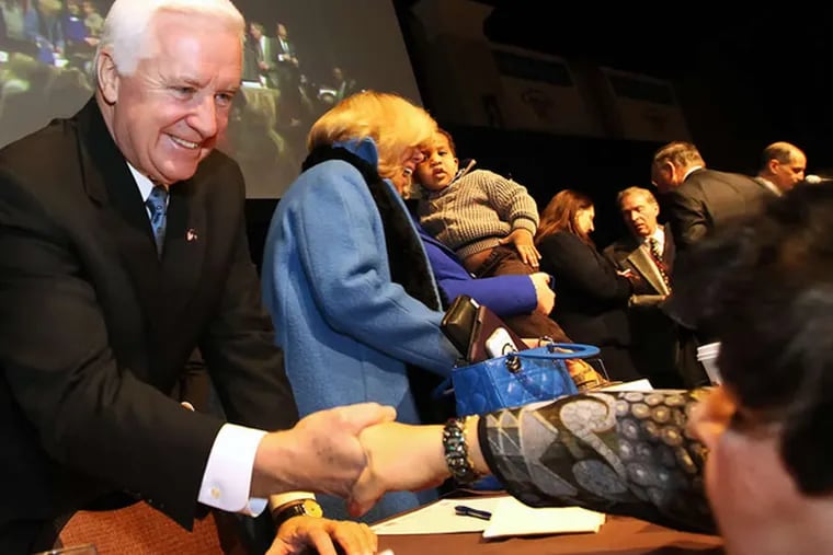Gov. Corbett greets supporters in Hersheyon Saturday after accepting the GOP endorsement for a second term. (ASSOCIATED PRESS)