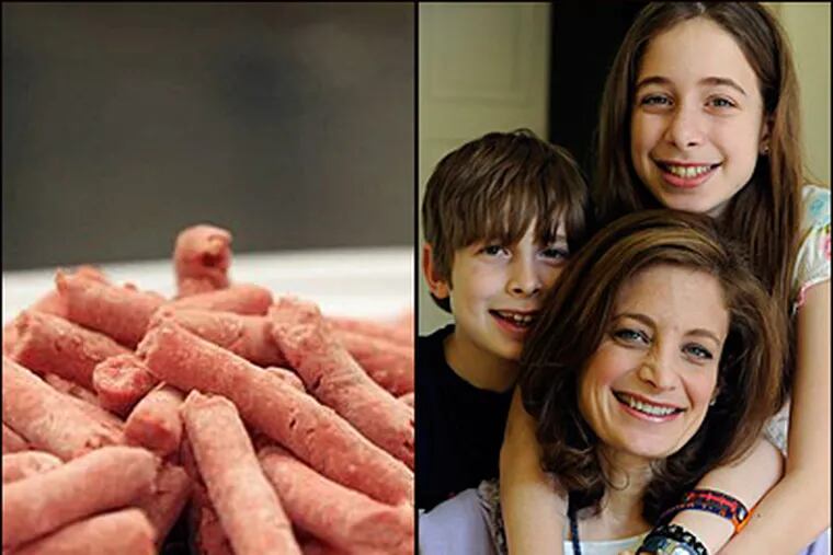 An online petition started by Bettina Siegel, (right, center), of Houston has garnered more than 175,000 signatures. She's seeking to put an end to use of ammonia-treated meat trimmings (left) - or 'pink slime' - in school lunches. (AP Photo/Pat Sullivan)